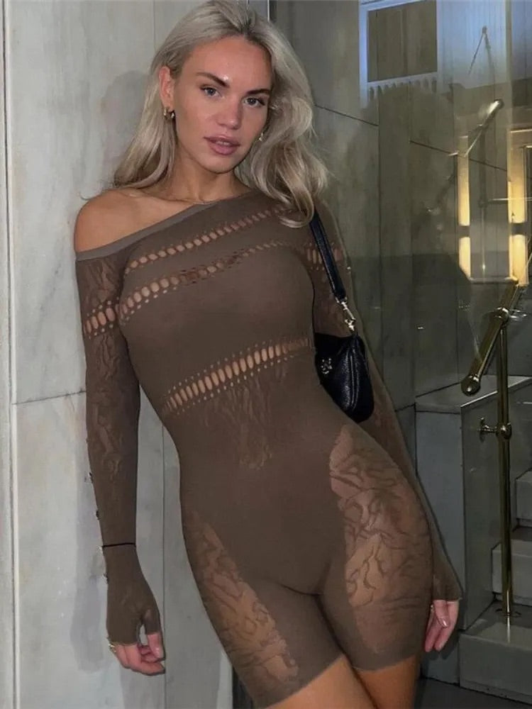 BOOFEENAA Sexy Black Bodysuit Tops See Through Mesh Insert Long